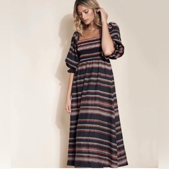 Anthropologie Hutch Reva Striped Midi Dress Smocked Black Puff Sleeve Size M EUC